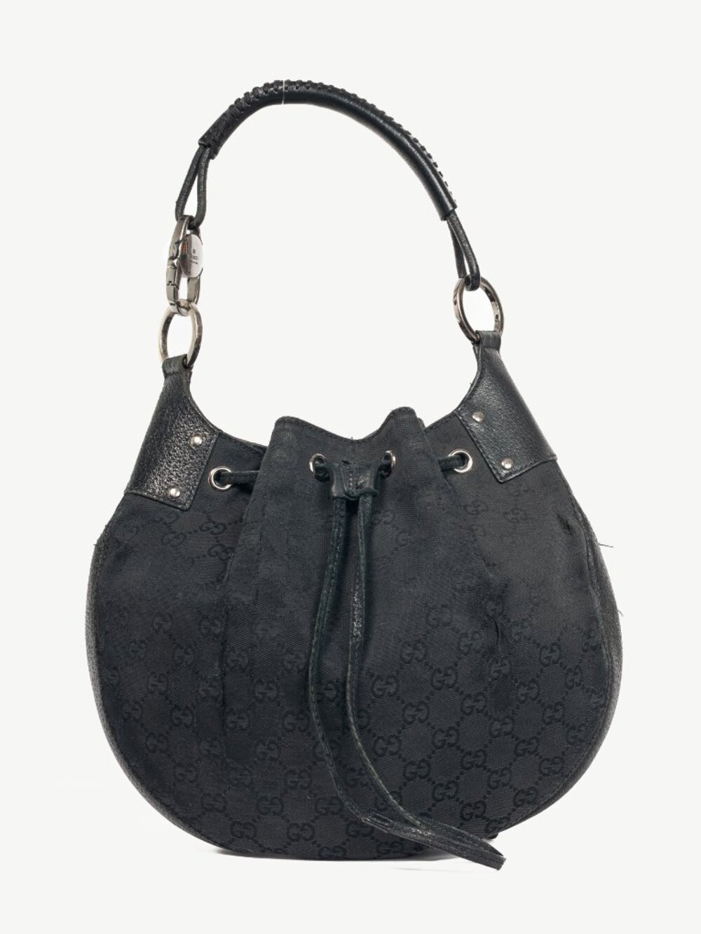 Gucci Black GG Monogram Canvas Drawstring Hobo